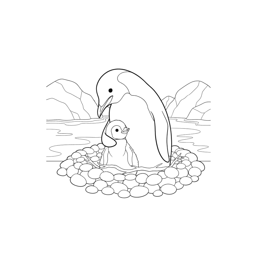 Ausmalbild Pinguin mit Küken im Nest