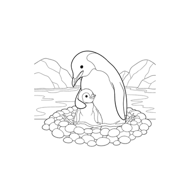 Coloriage Pingouin et son Petit dans un Nid
