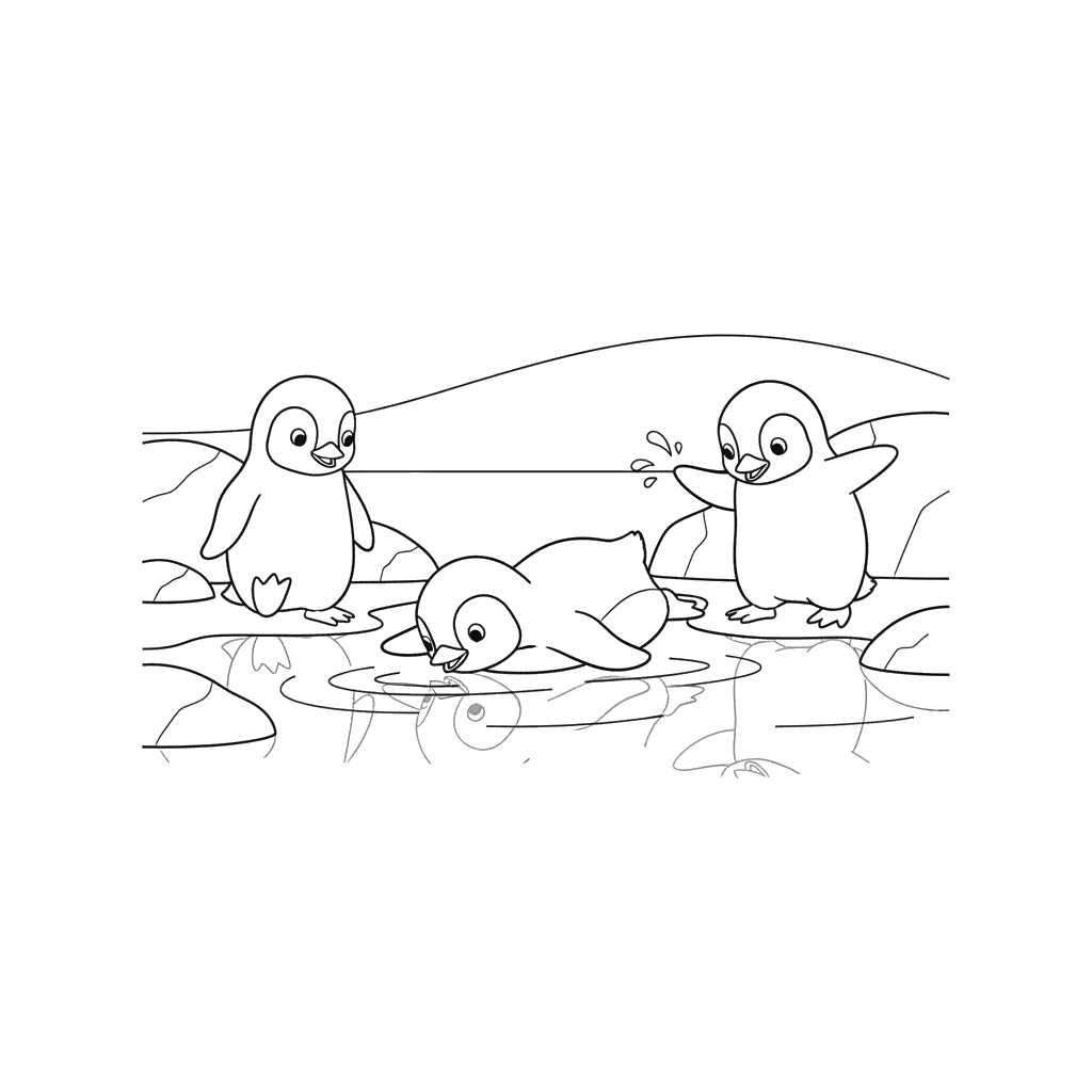 Ausmalbild Pinguinküken spielen am Wasser