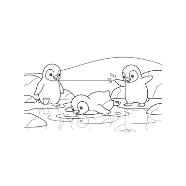 Coloriage Pingouins Bébé jouant près de l'eau