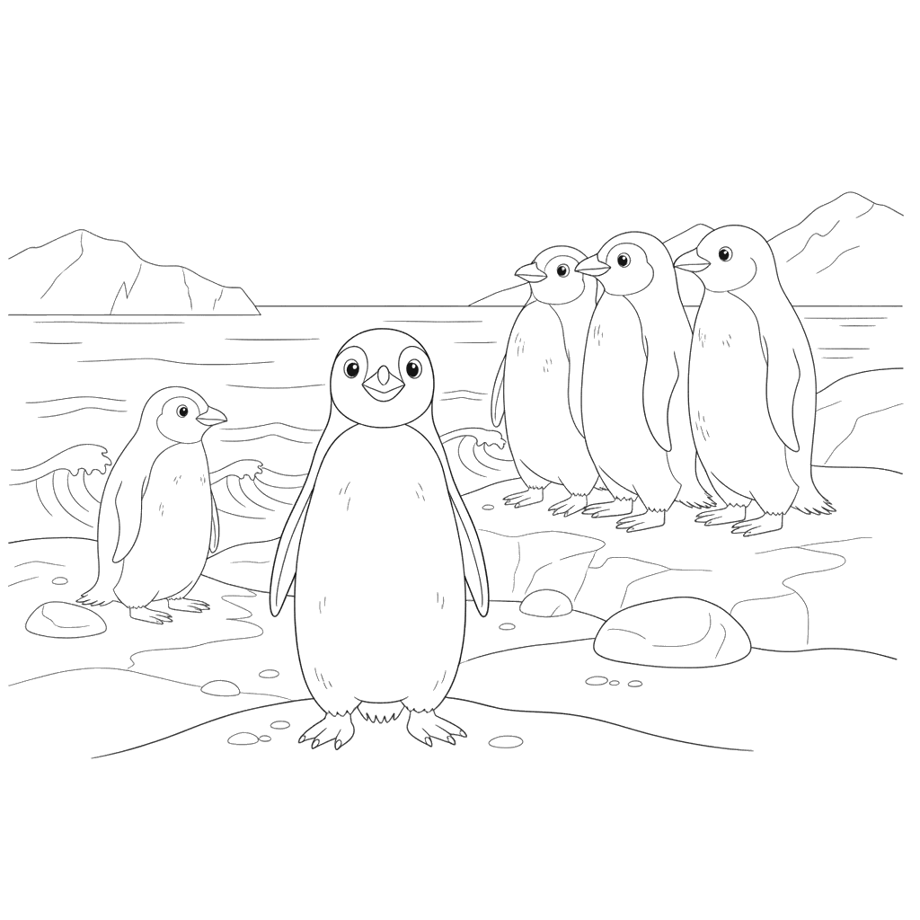 Ausmalbild: Gruppe Pinguine am Ufer