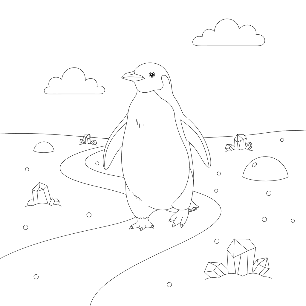 Ausmalbild Pinguin auf schneebedecktem Pfad