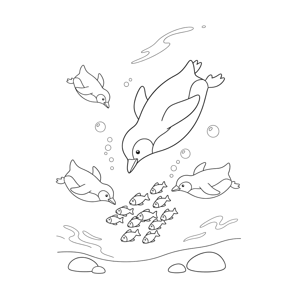 Dibujo para Colorear: Pingüinos Pescando