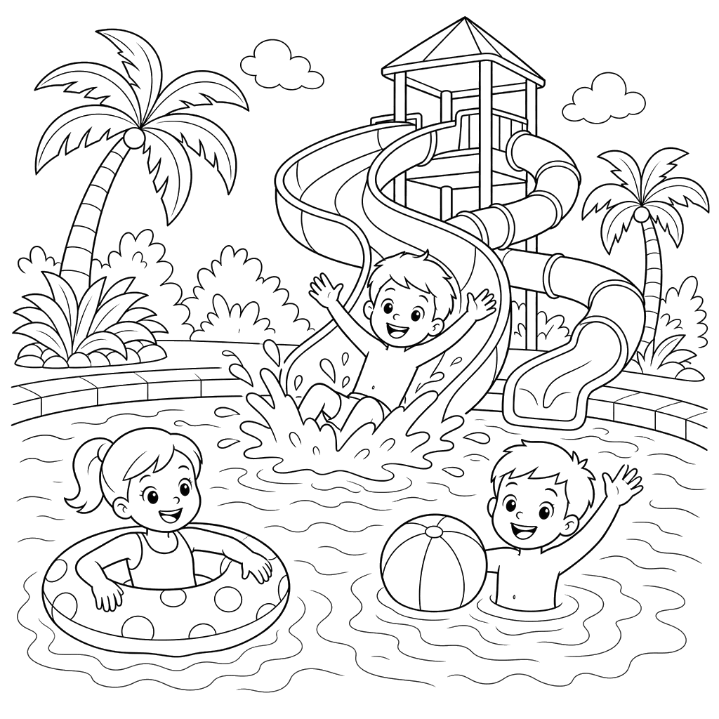 Pessoas nadando na piscina de um parque aquático — desenho para colorir