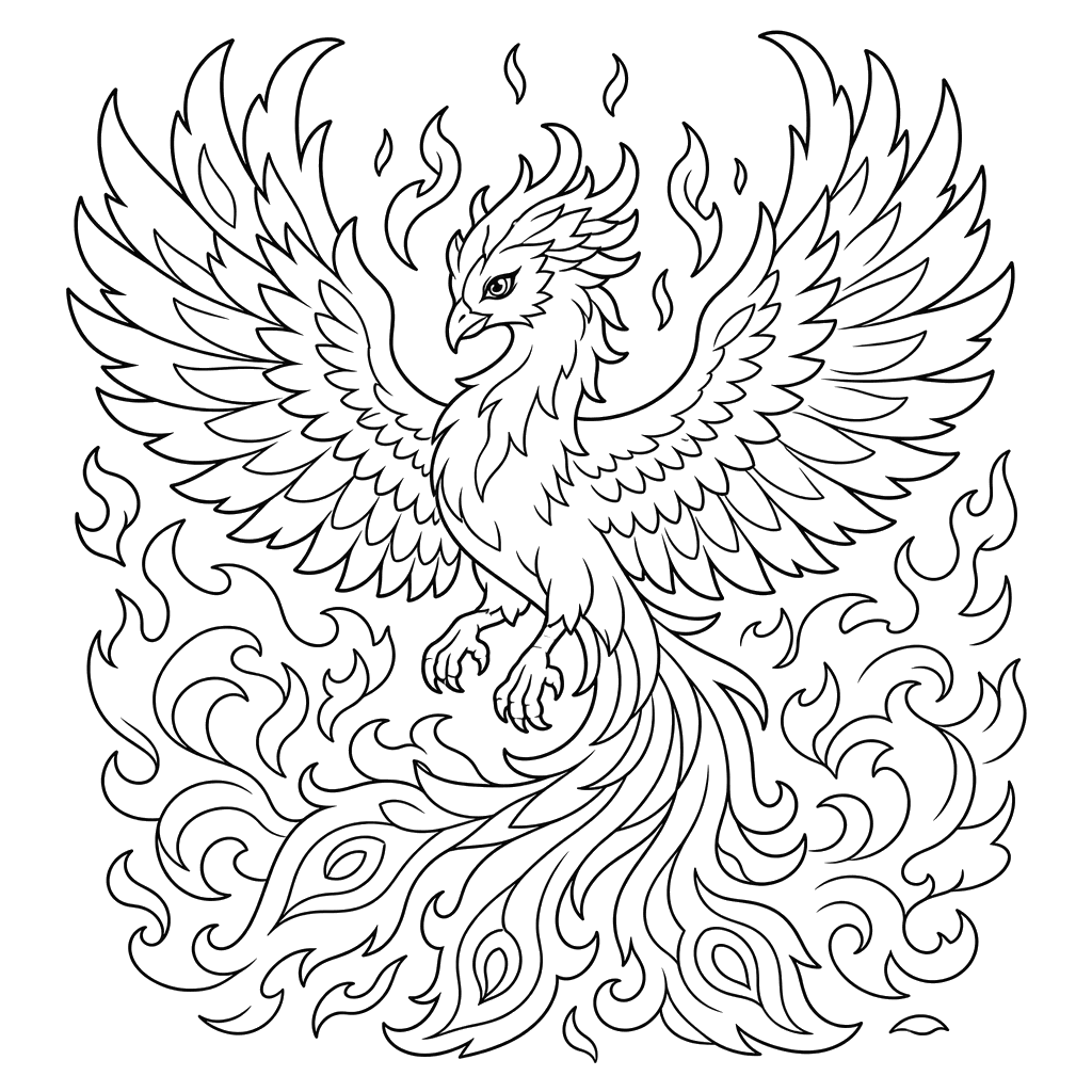 Fénix en llamas voladoras — dibujo para colorear
