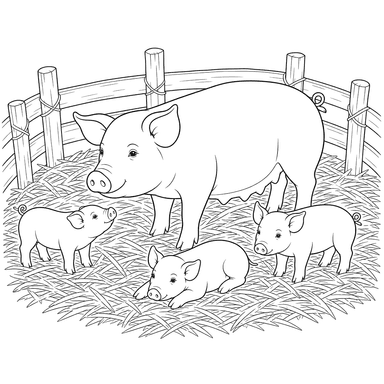 Famille de cochons dans un enclos de paille