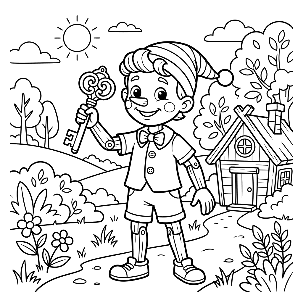 Coloriage Pinocchio et clé d'or
