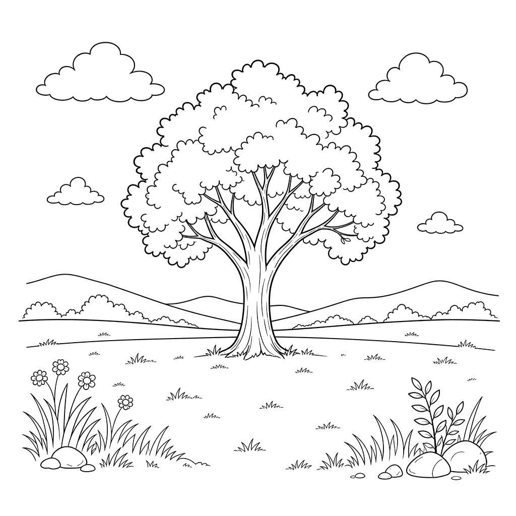 Paisagem plana com uma árvore solitária — desenho para colorir