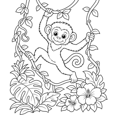 Mono juguetón saltando en lianas - dibujo para colorear