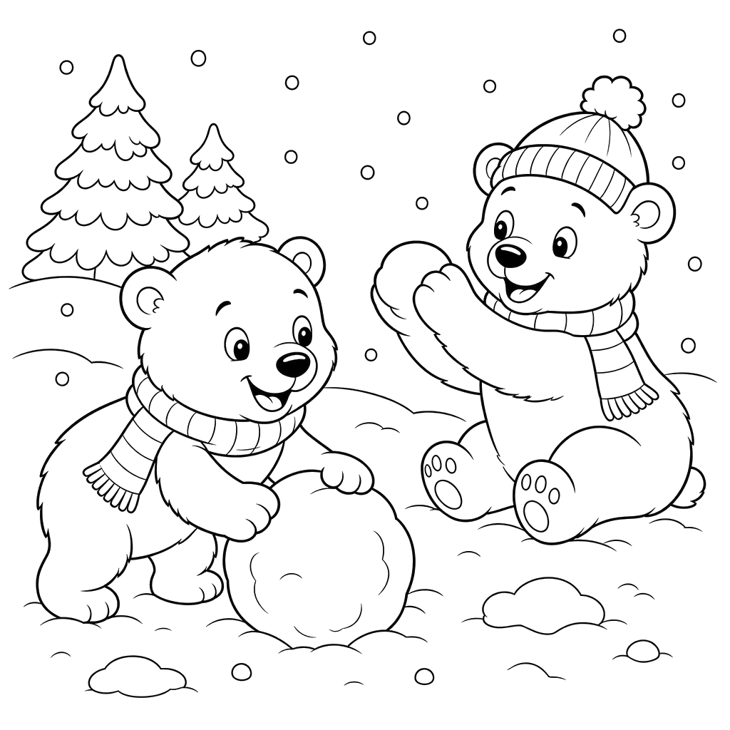 Polar Bear Cubs Playing in Snow Coloring Page
