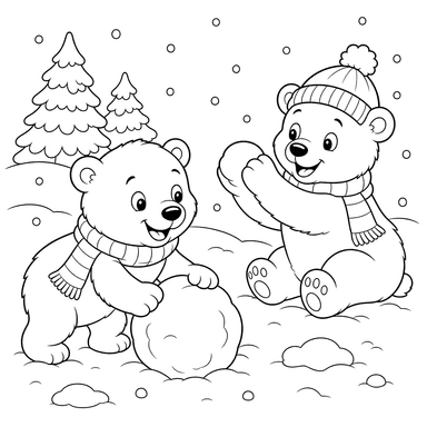 Polar Bear Cubs Playing in Snow Coloring Page
