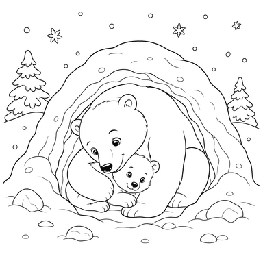 Maman ours polaire et son ourson dans leur grotte