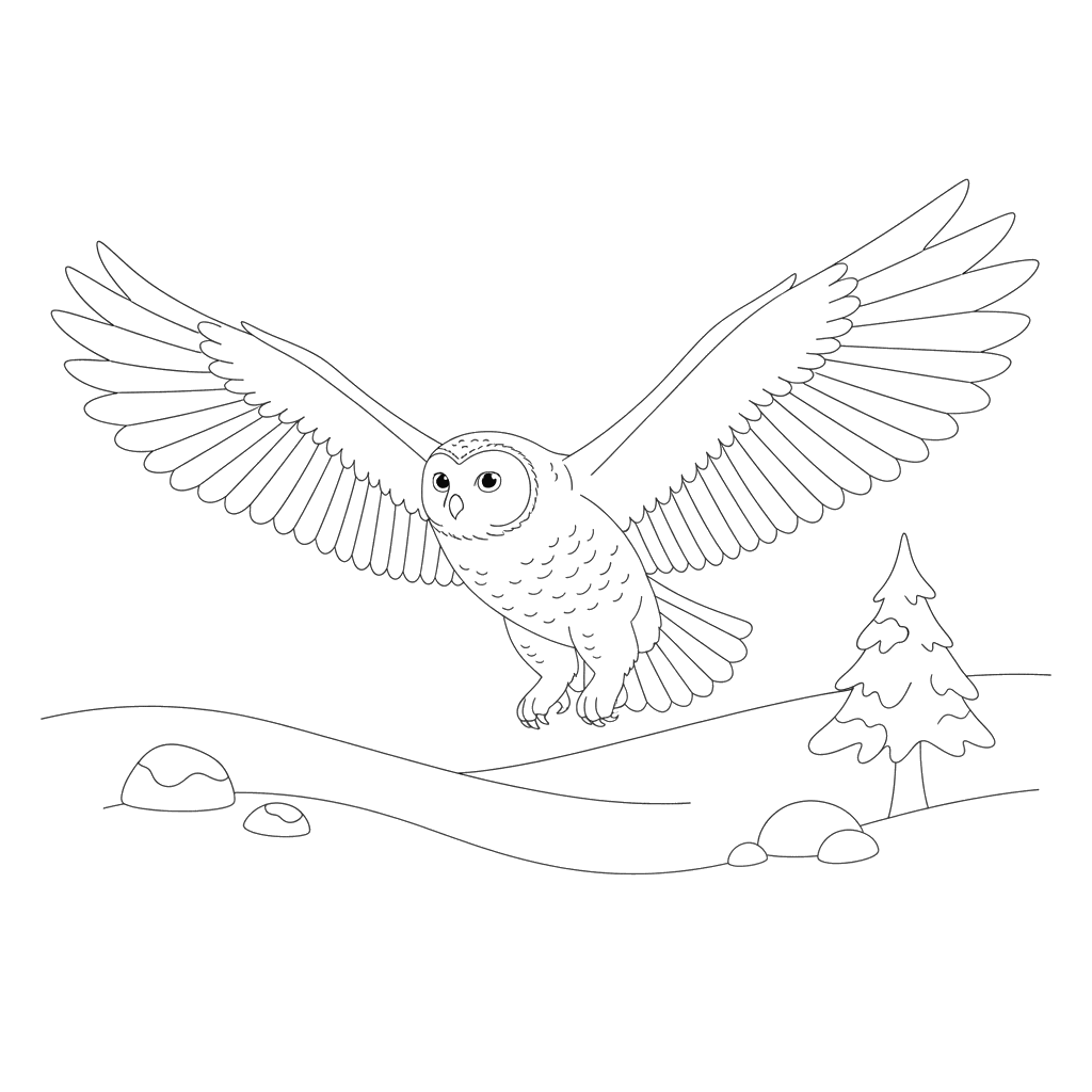 Ausmalbild Polar-Eule fliegt über Schnee