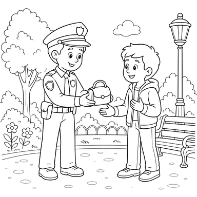 Coloriage d'un policier qui rend un objet perdu