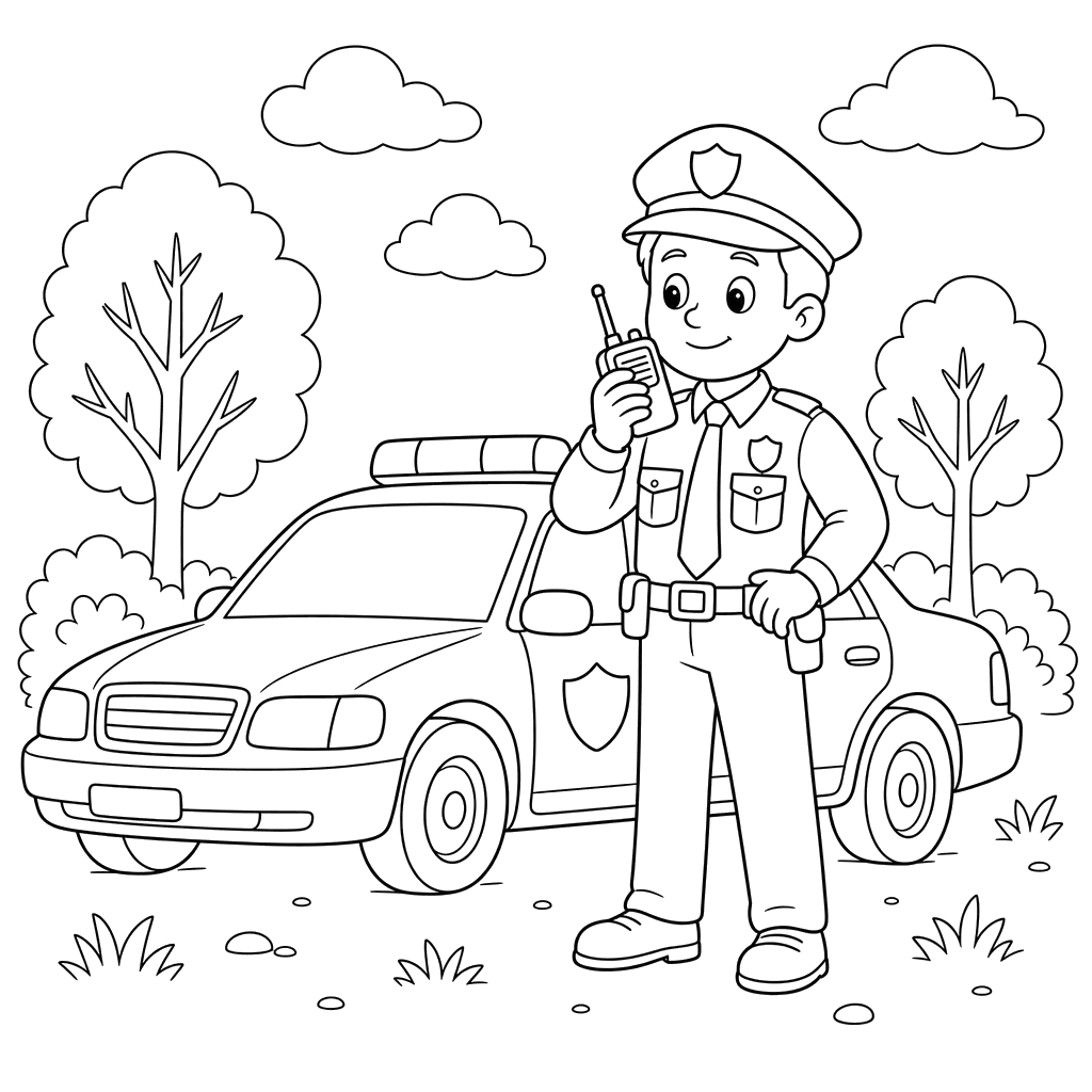 Polizist mit Auto Ausmalbild