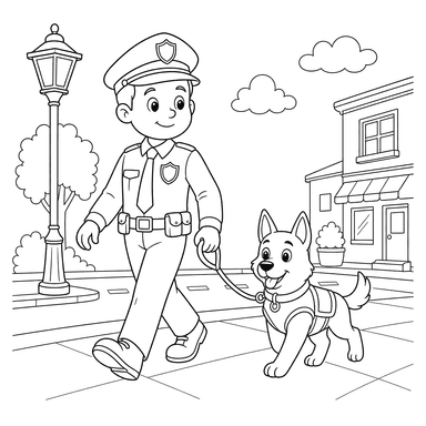 Policier avec son chien en patrouille