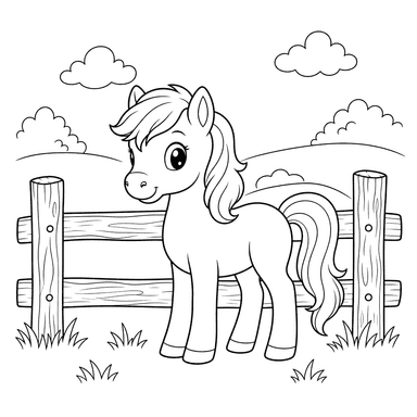 Desenho de Pônei perto da cerca para colorir
