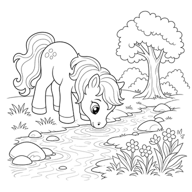 Dibujo para colorear de poni bebiendo en el arroyo