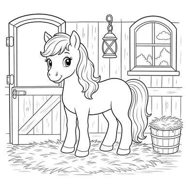 Coloriage Poney dans un box douillet