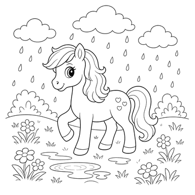 Dibujo para colorear de Pony bajo la lluvia