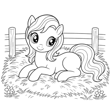 Ausmalbild Pony auf Heu