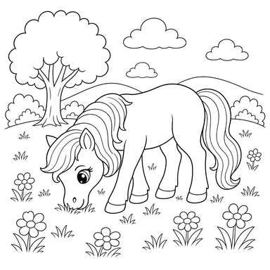 Desenho de Pônei no prado para colorir