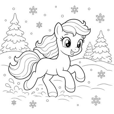 Desenho de Pônei correndo na neve para colorir