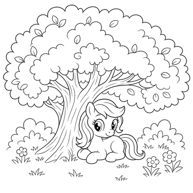 Desenho para colorir de pônei sob grande árvore