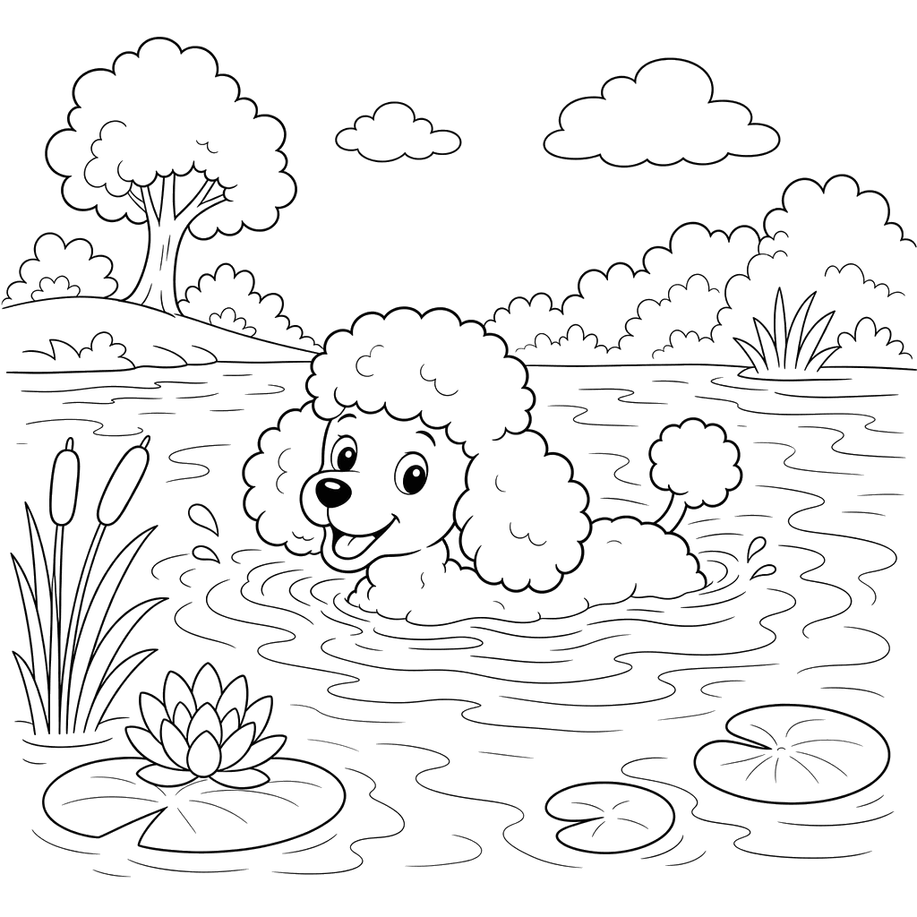Ausmalbild: Ein Pudel schwimmt im See