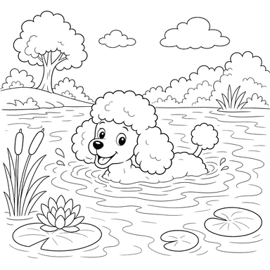 Ausmalbild: Ein Pudel schwimmt im See