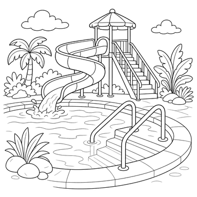 Escaleras y barandas junto a la piscina en un parque acuático — dibujo para colorear