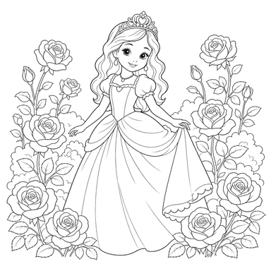 Dibujo para colorear: Princesa entre rosas en flor