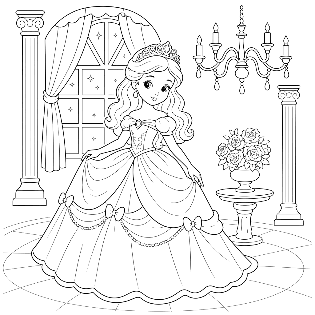 Princesa em um baile com coroa — desenho para colorir