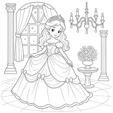 Prinzessin auf einem Ball mit Krone — Ausmalbild