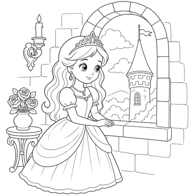 Ausmalbild: Prinzessin am Fenster im Schloss
