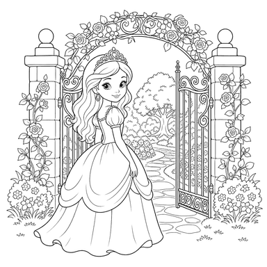 Princess at the Gate of a Magical Garden Coloring Page