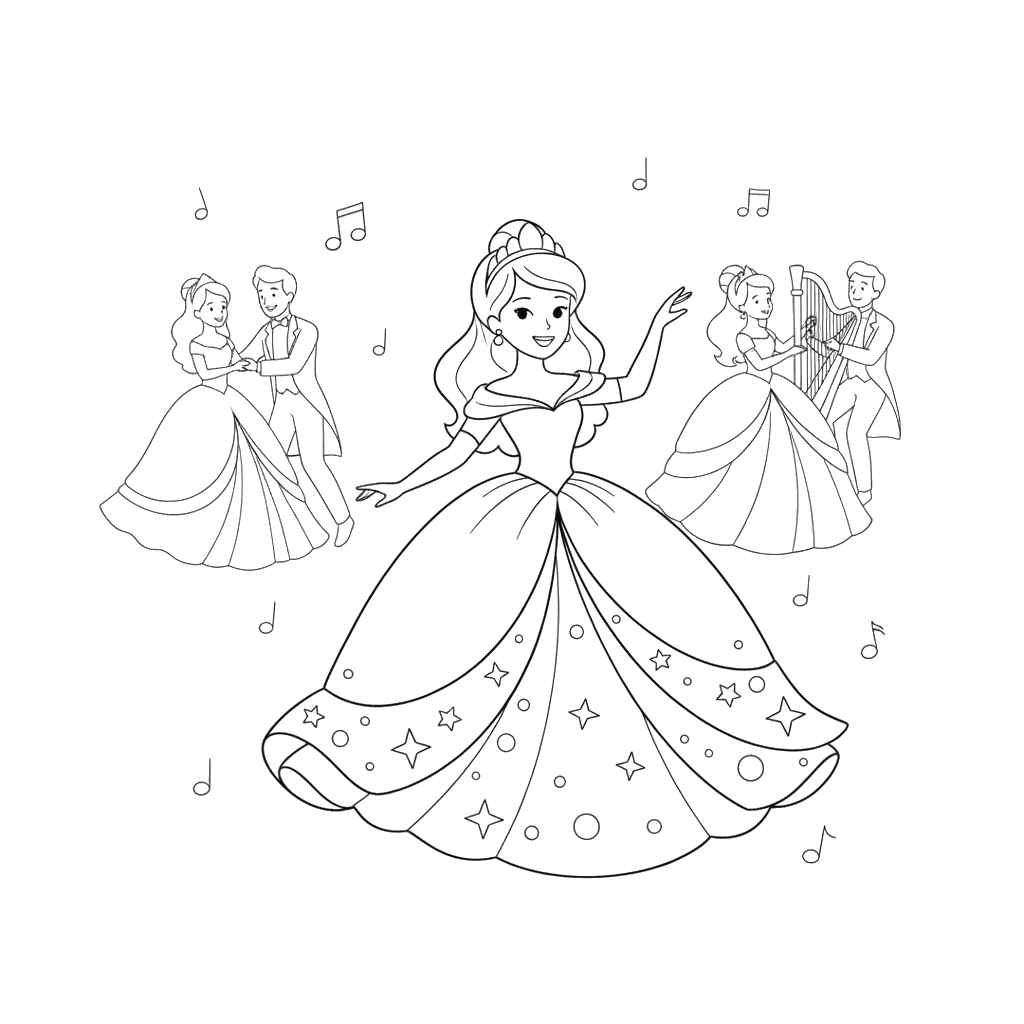 Prinzessin tanzt auf dem Ball Ausmalbild