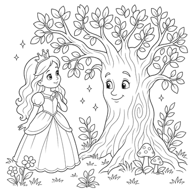 Ausmalbild: Prinzessin am verzauberten Baum
