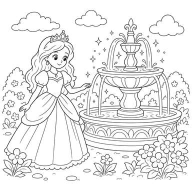 Ausmalbild: Prinzessin am magischen Brunnen