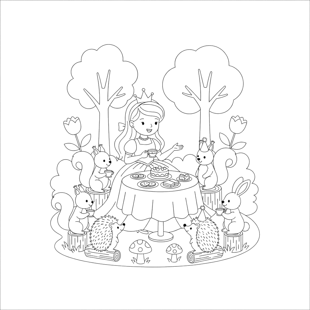 Chá da princesa com animais da floresta para colorir