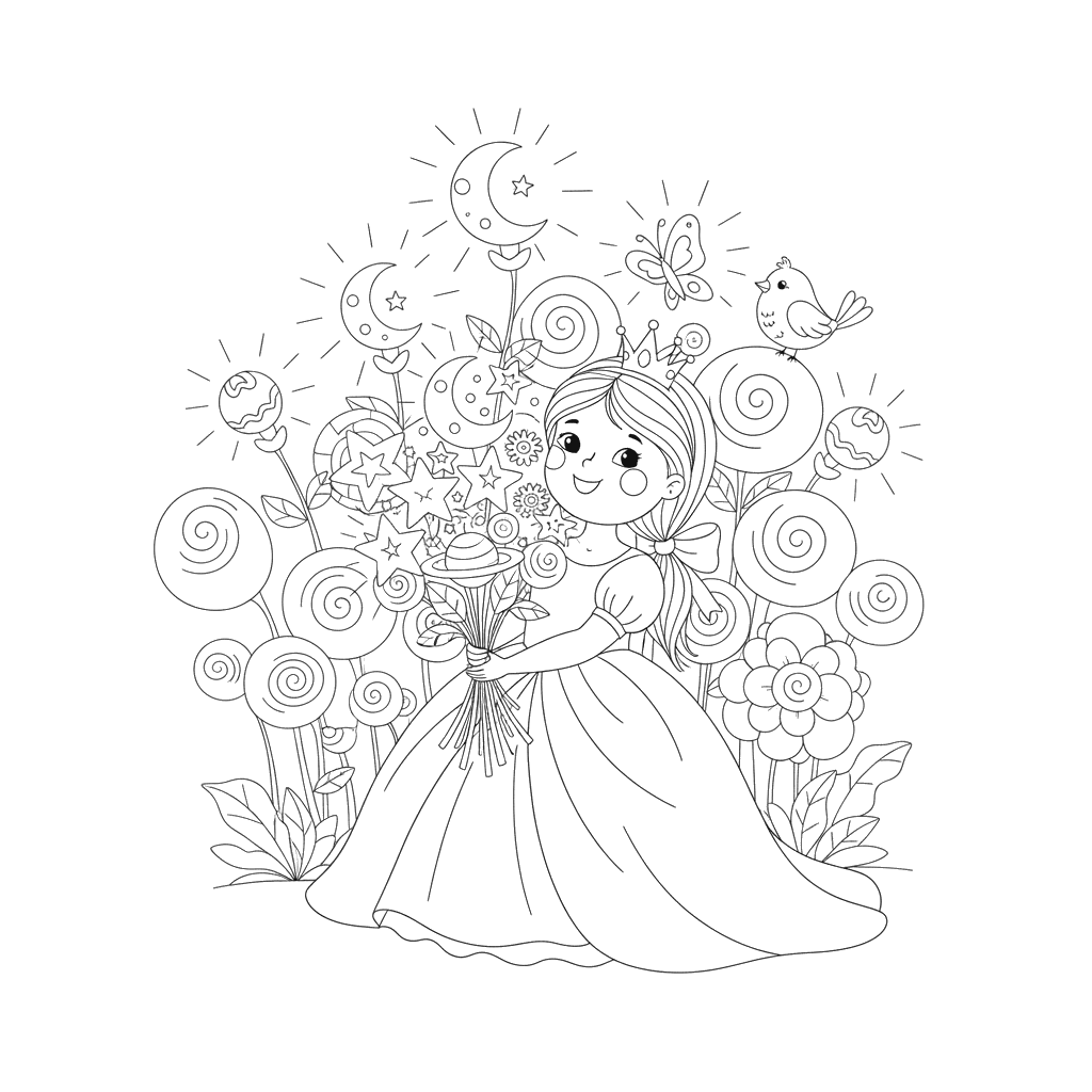 Princesa com buquê de flores mágicas para colorir