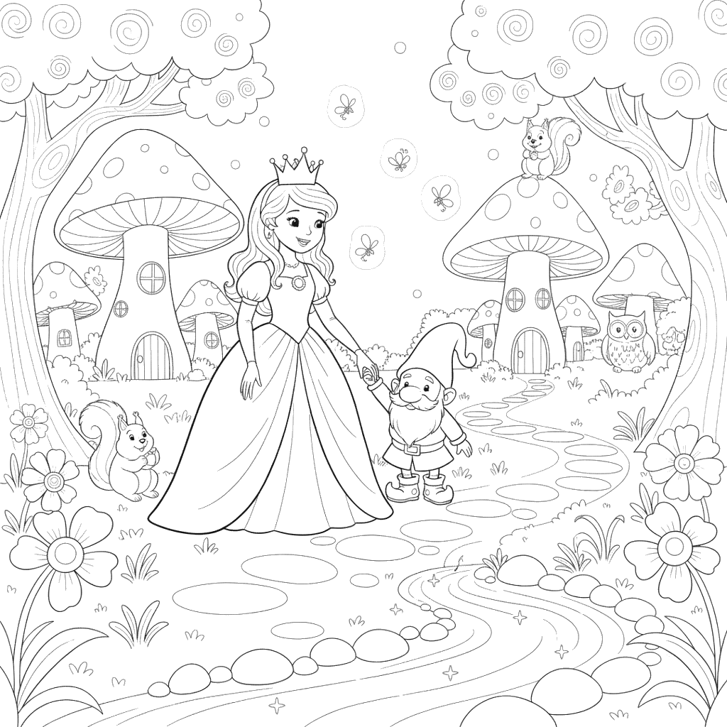 Coloriage: Princesse et Gnom dans la Forêt Magique
