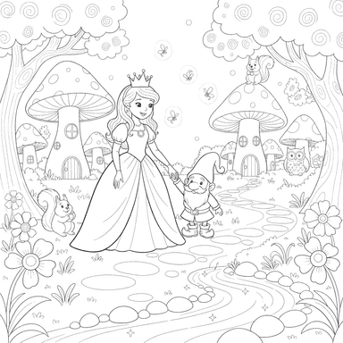 Coloriage: Princesse et Gnom dans la Forêt Magique