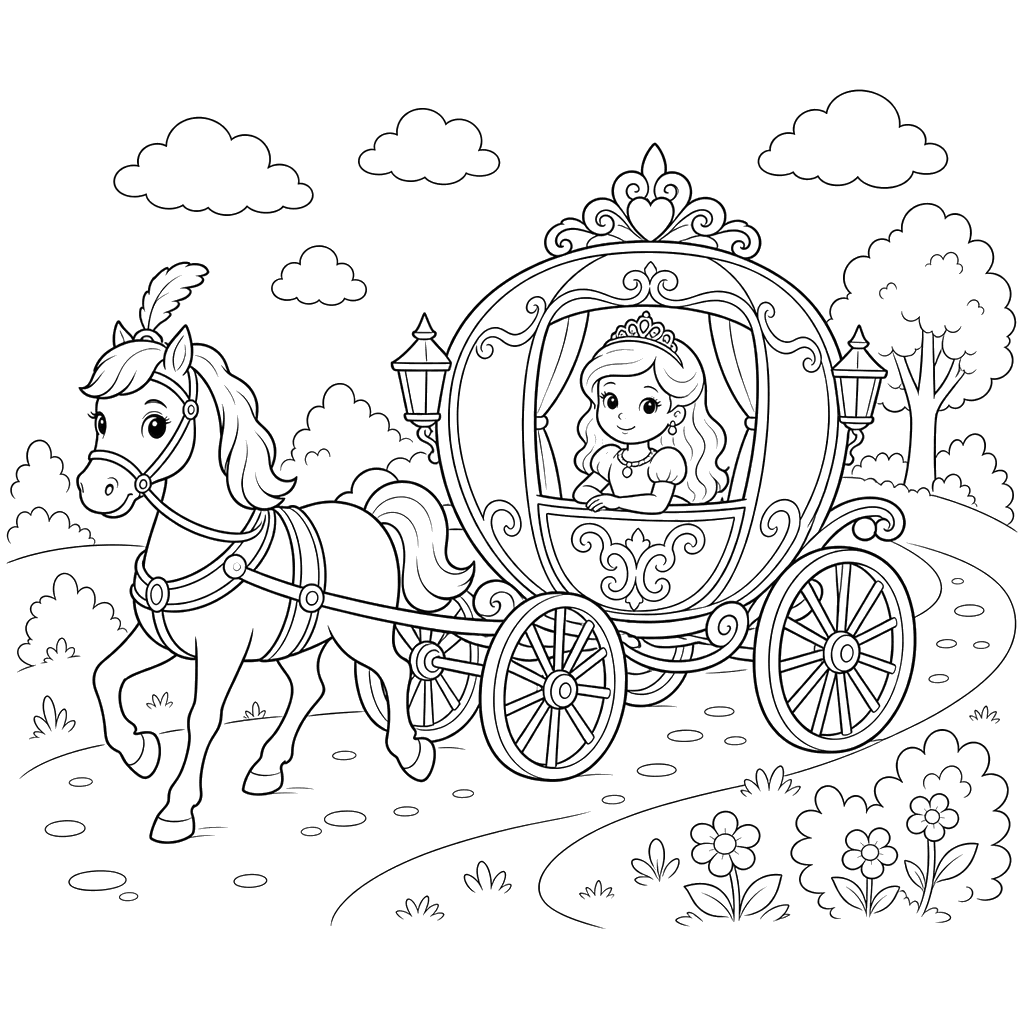 Desenho para colorir: princesa em uma carriage na estrada