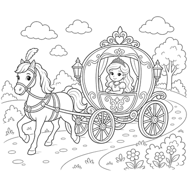 Ausmalbild: Prinzessin in einer Kutsche auf der Straße
