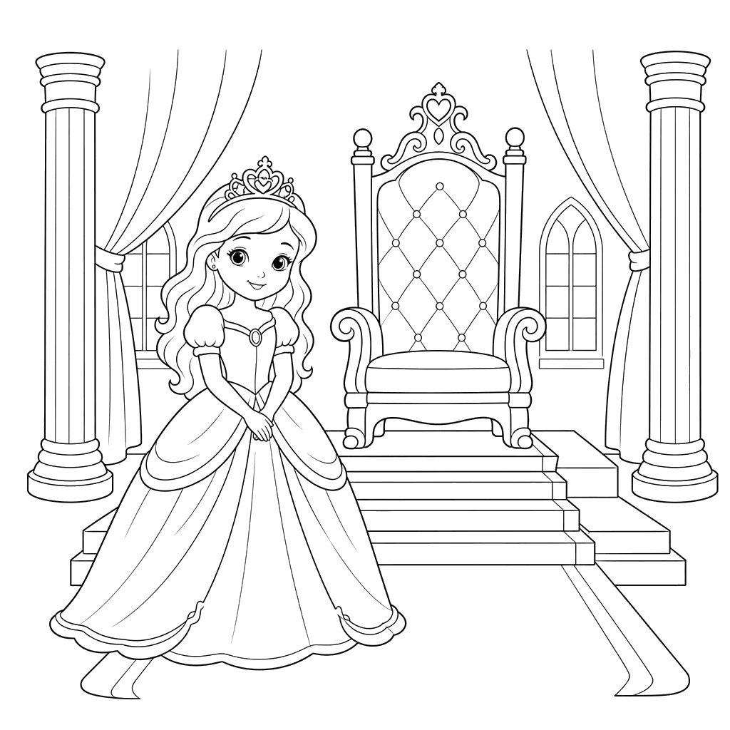Princesa em frente ao salão do trono — desenho para colorir