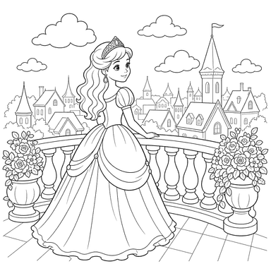 Princesa em um balcão com vista para a cidade — desenho para colorir