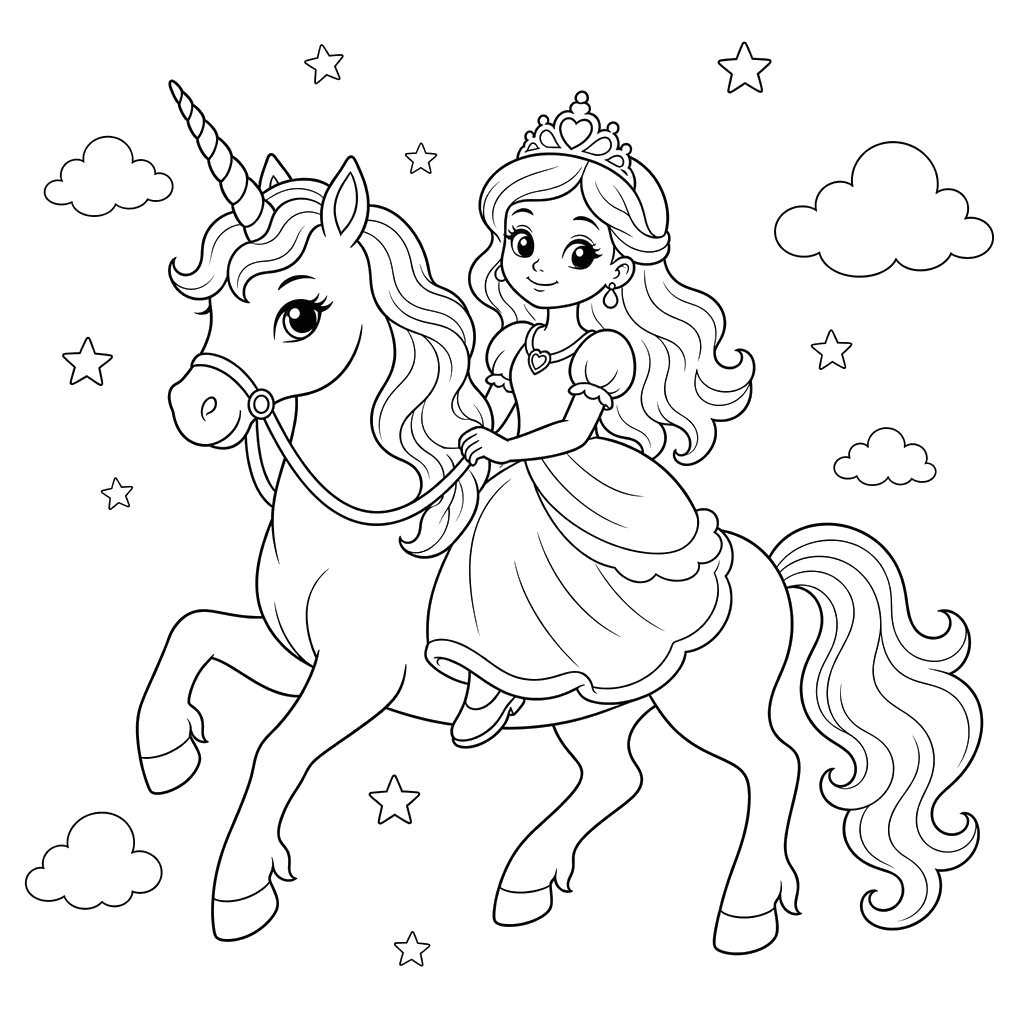 Desenho para colorir: princesa em um unicórnio