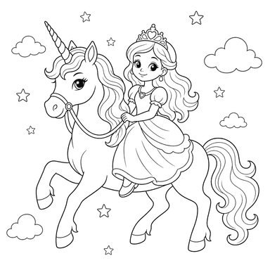 Ausmalbild: Prinzessin auf einem Einhorn
