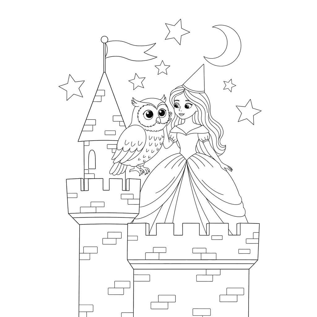 Dibujo para colorear Princesa y Búho mirando estrellas